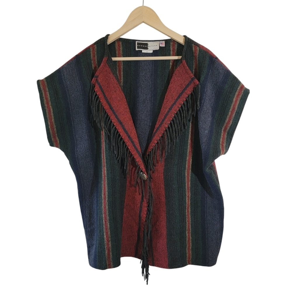 VTG RHONDA STARK Southwest Wool Blend Poncho XL+ Multicolored Boho Fringe USA